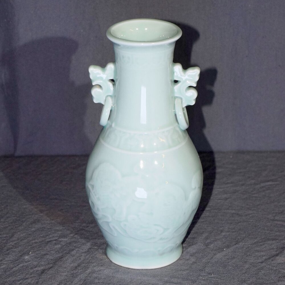 Vintage Chinese Celadon Porcelain Vase - Molded Foo Dog Handles - 8.5"